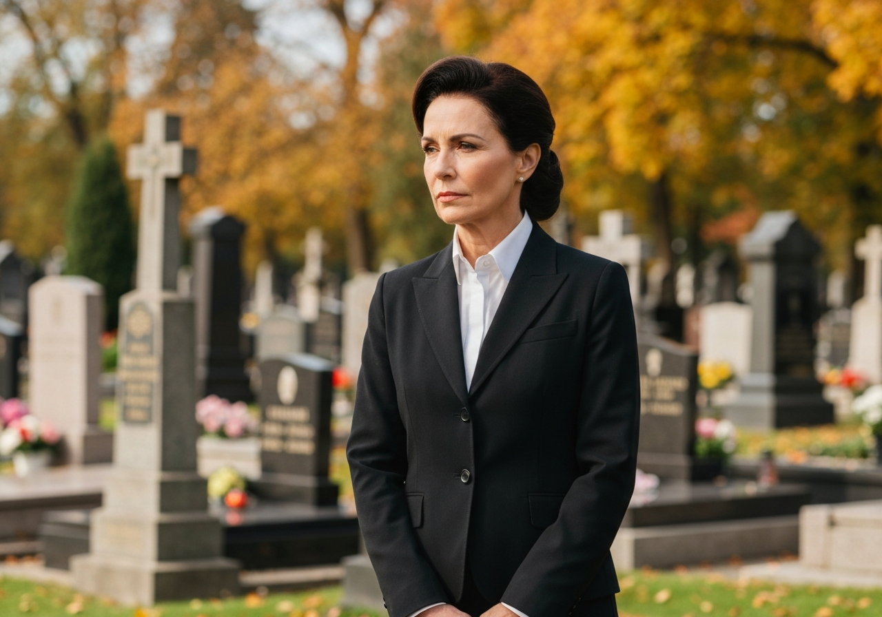 Osoba v černém obleku stojí před hřbitovem v podzimním prostředí se zasněženými stromy