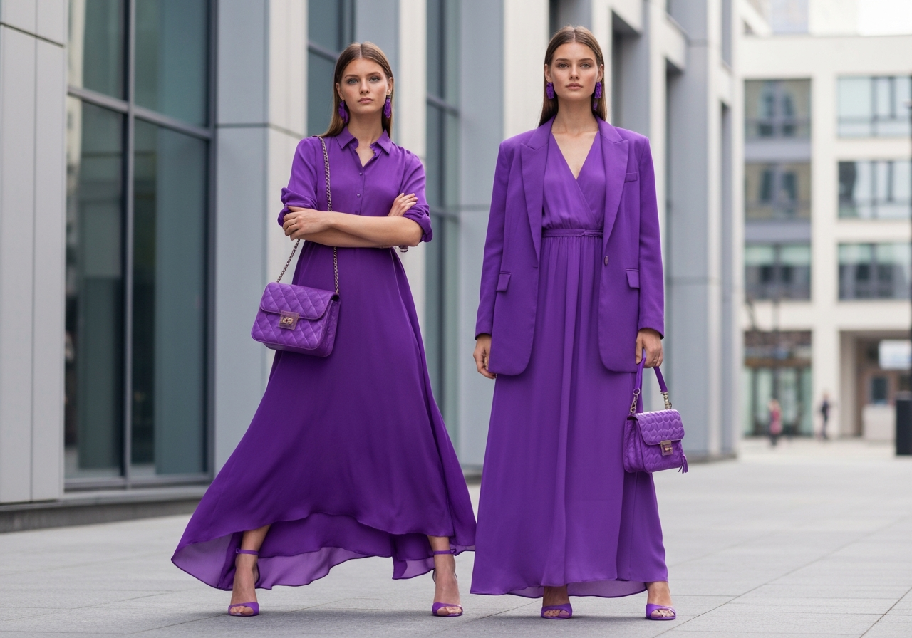 Stylová mladá žena ve fialových šatech, sako a doplňky na pozadí městské scenérie